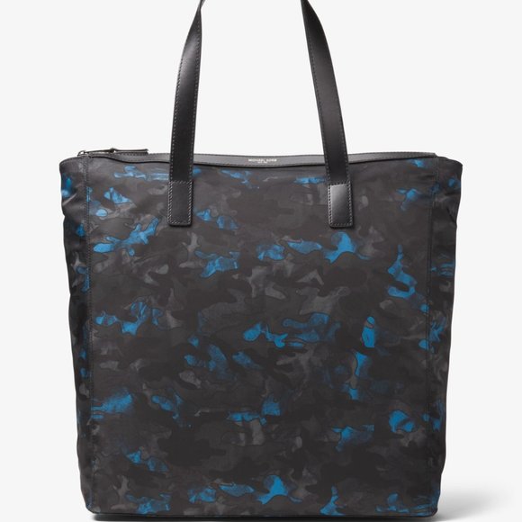 MICHAEL KORS KENT CAMOUFLAGE OCEAN BLUE NYLON ZIP TOP TOTE HANDBAG - Picture 1 of 6